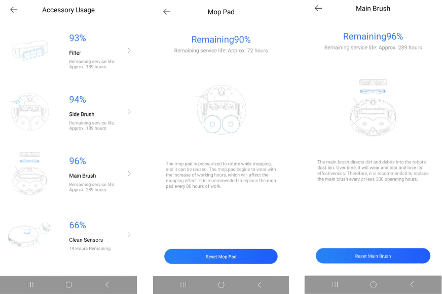 Состояние запасных частей в приложении Dreamehome App.